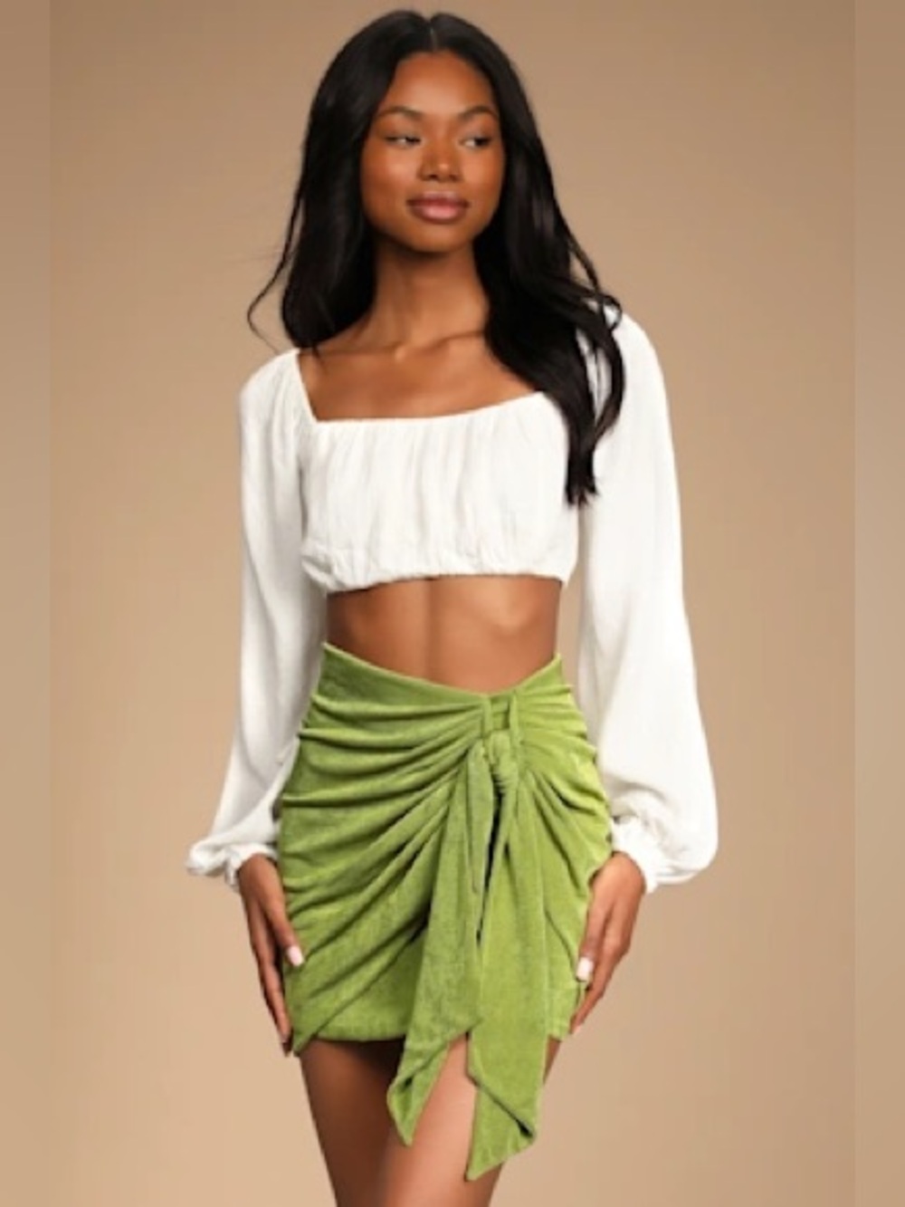Beachside Party Shiny Green Ruched Tie-Front Mini Skirt